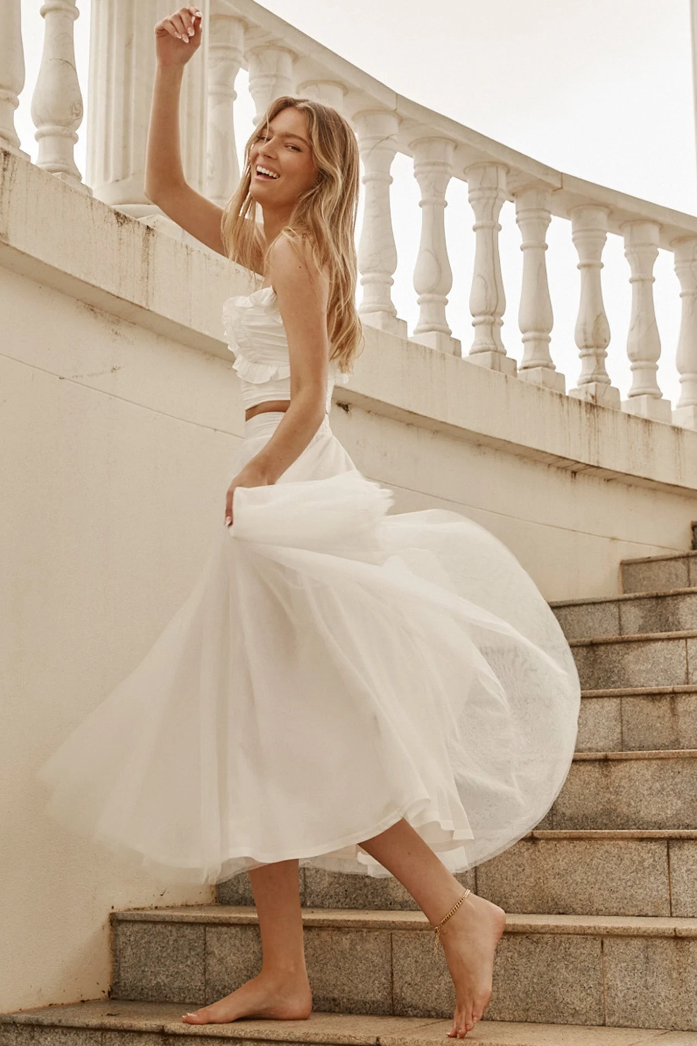 Jasmine Organza Mesh Elasticated Waist Midi Skirt White - Image 9