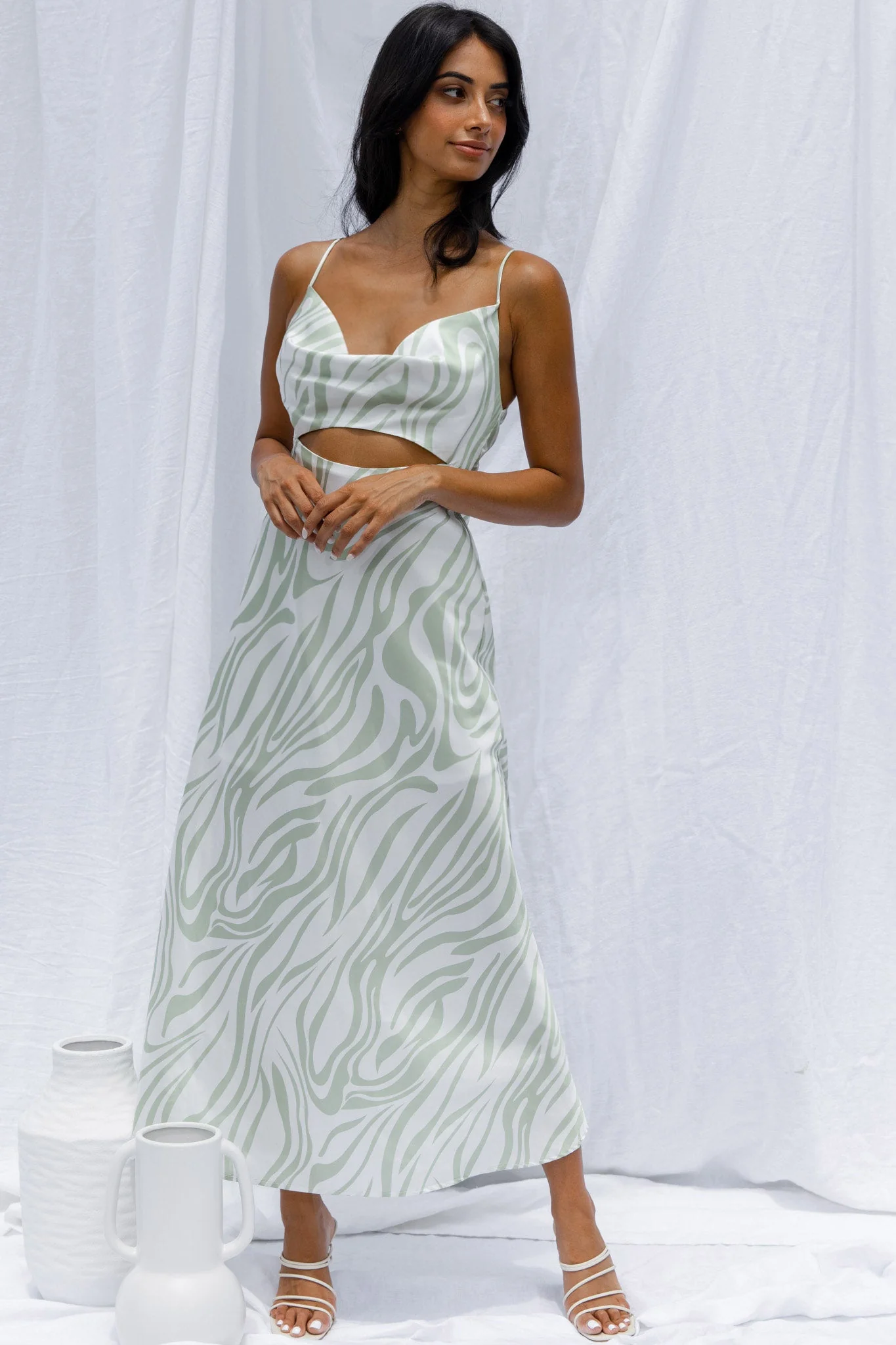 Jasper Cowl Neck Cut-Out Drawstring Back Midi Dress Zebra Print Lime - Image 5