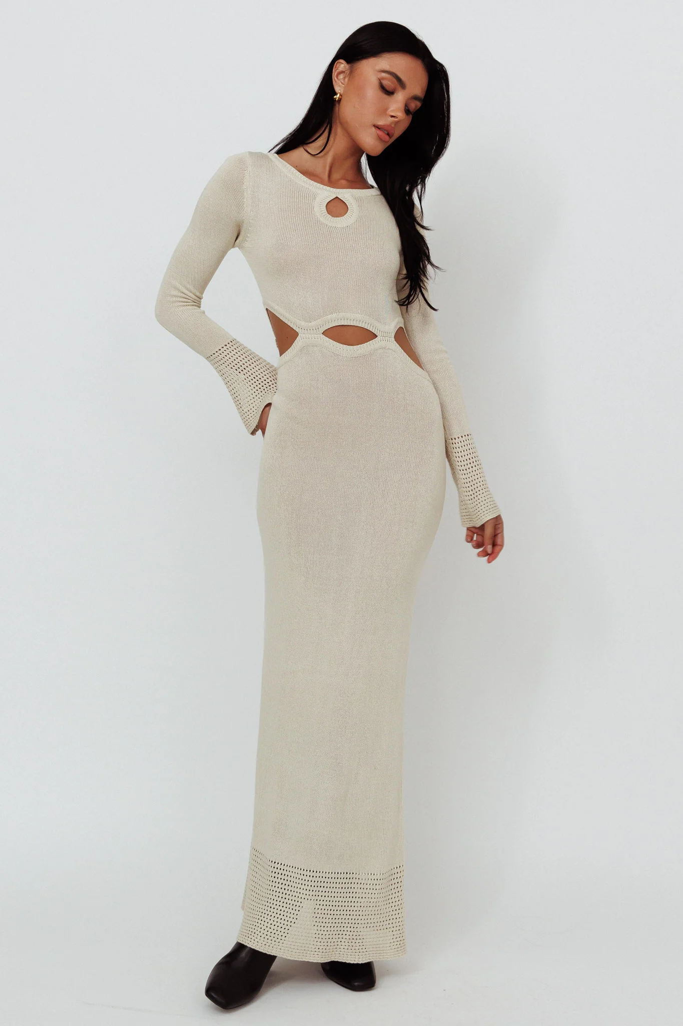Java Long Sleeve Cut-Out Knit Maxi Dress Coconut - Image 3