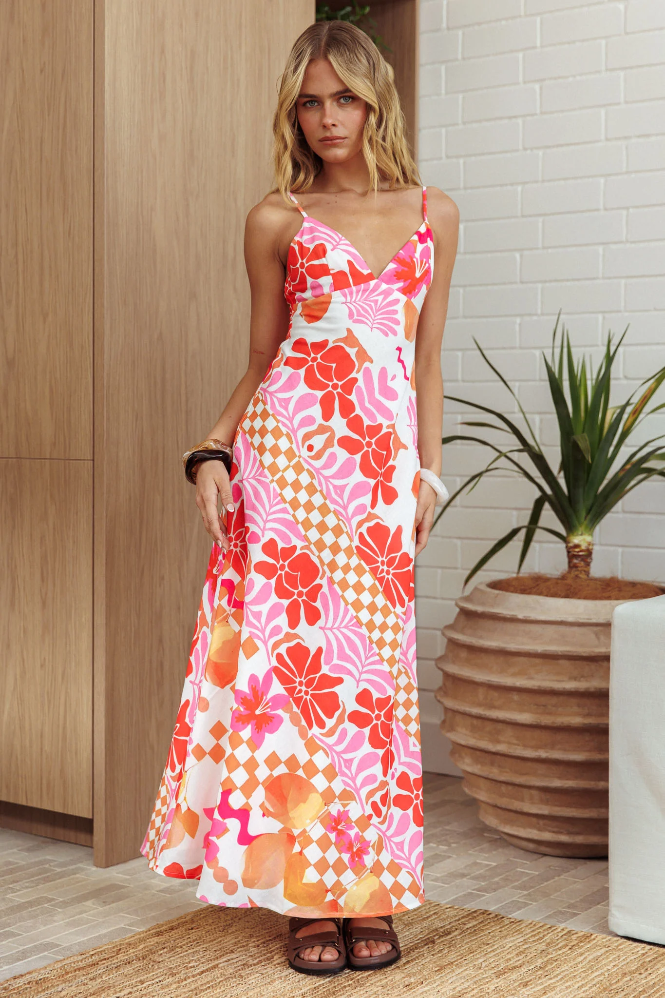 Jaya Floral A-line Maxi Dress Checker Orange - Image 2