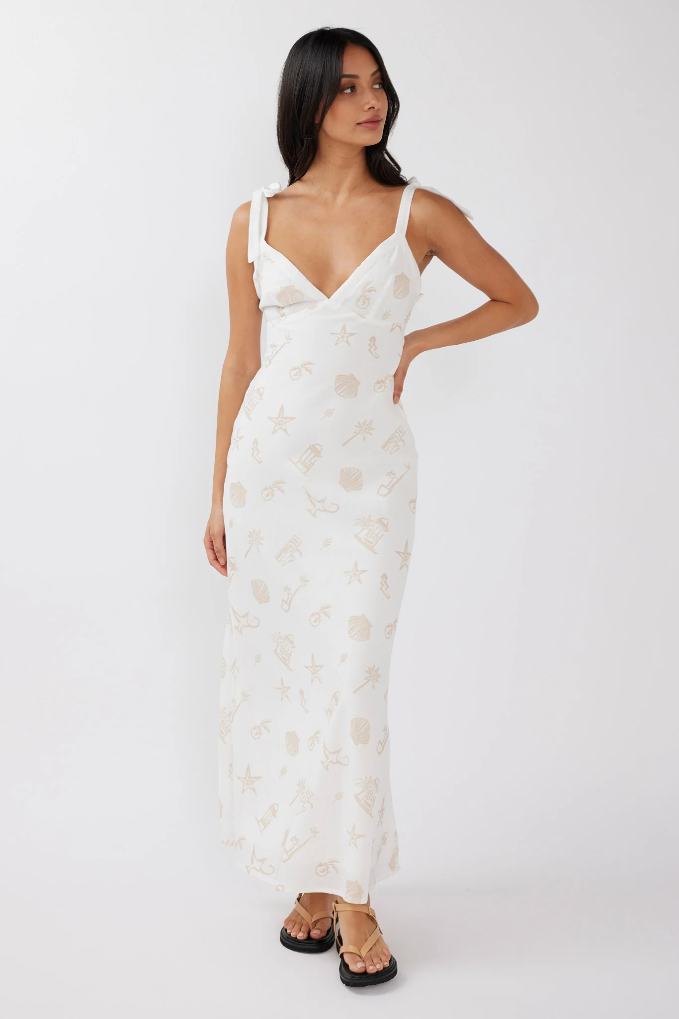 Jaya Tied Shoulder Maxi Dress Print Beige - Image 3