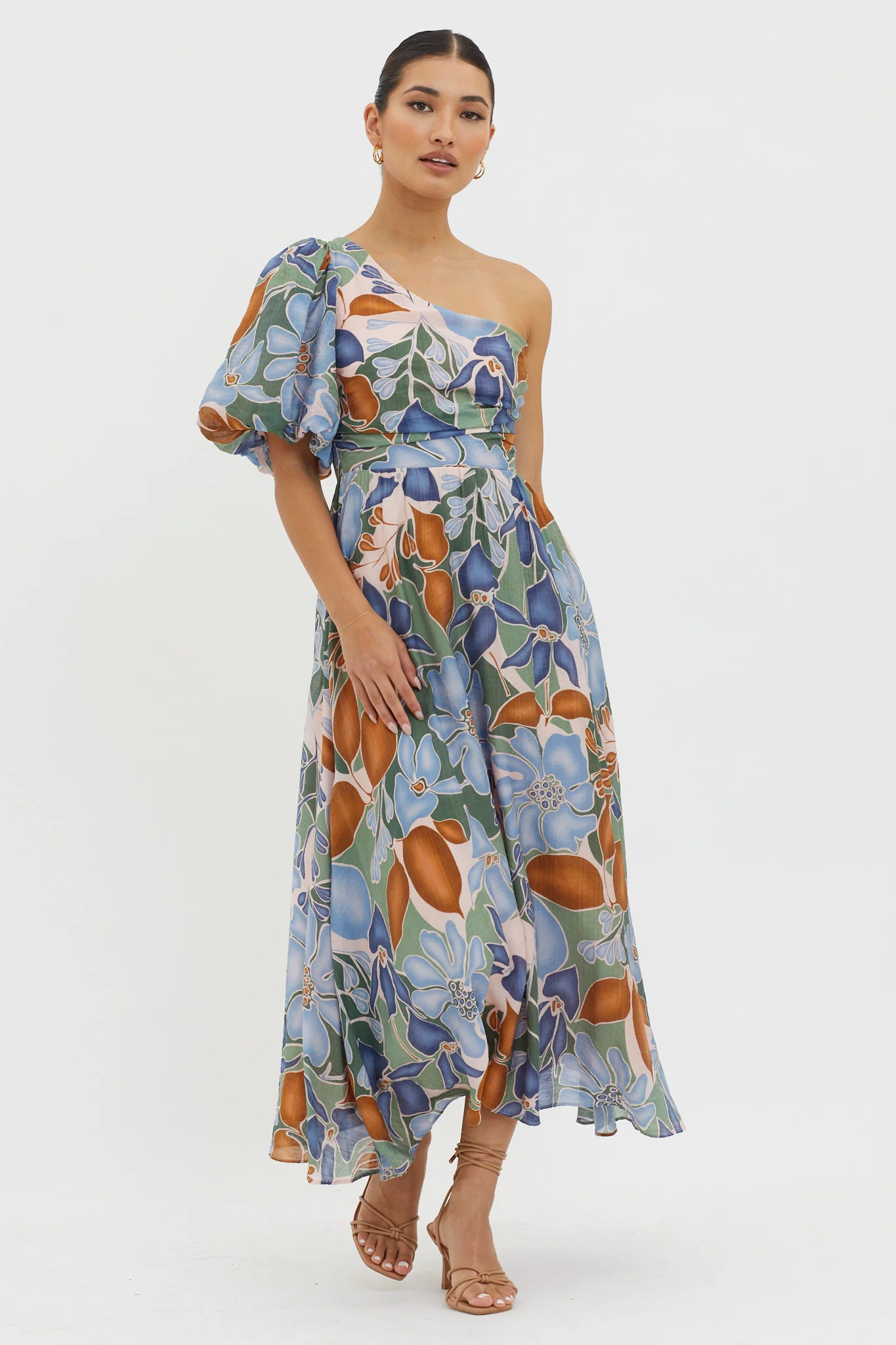 Jayni Puffed One Shoulder Midi Dress Blue - Image 3