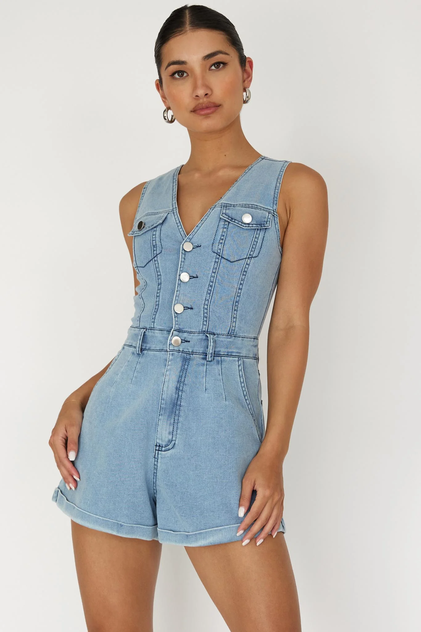 Jazelle Button Front Romper Denim - Image 5