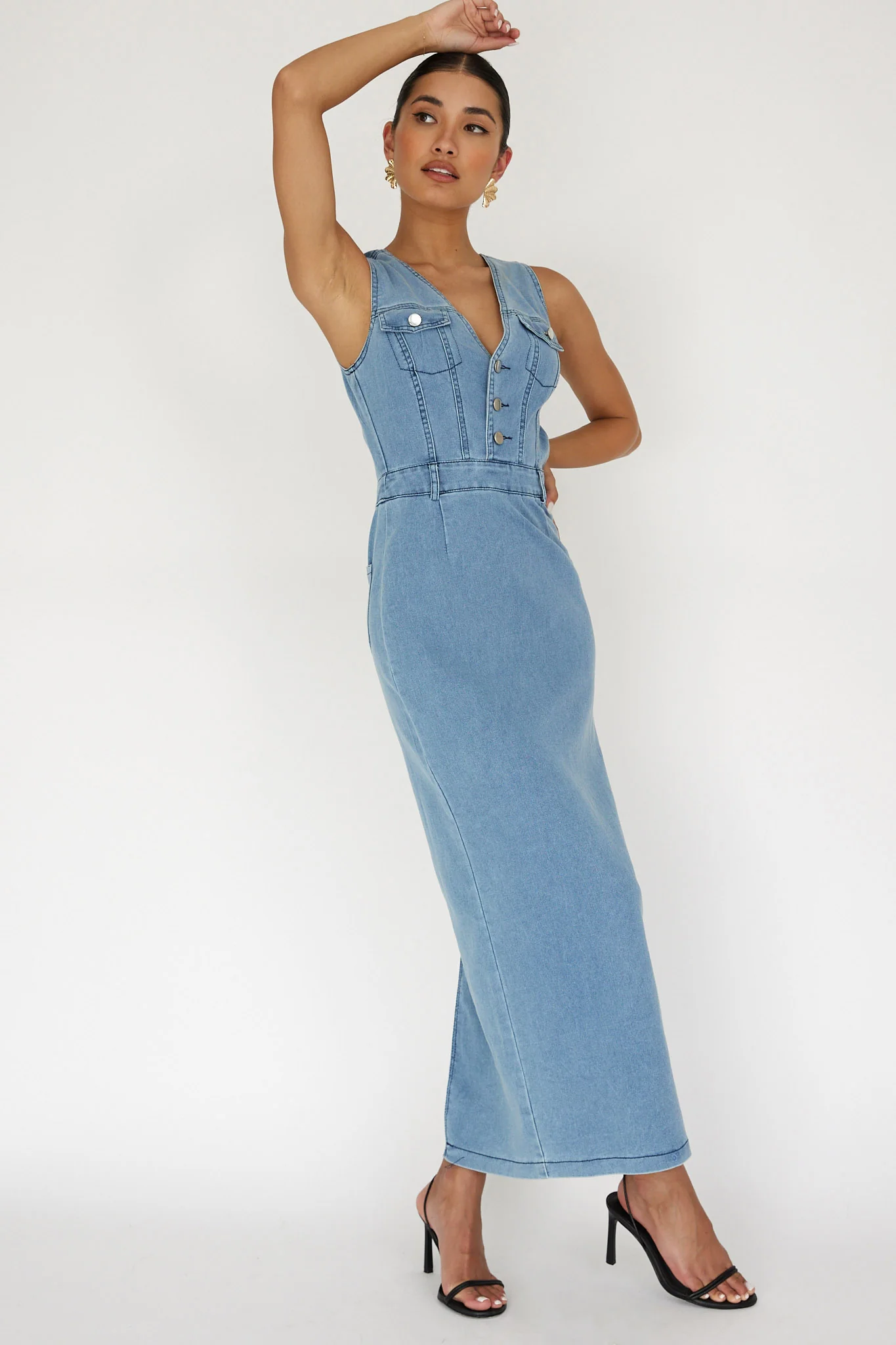 Jazelle Sleeveless Button Front Maxi Dress Denim - Image 5