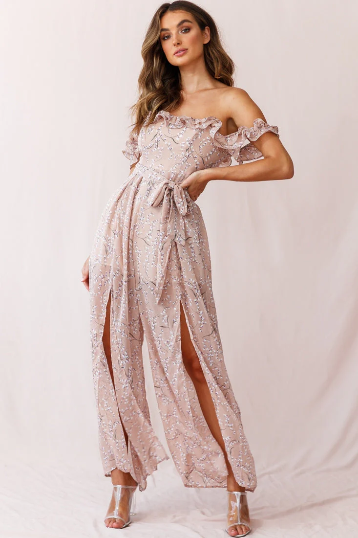Jazz Bardot Neckline Wide Leg Split Jumpsuit Floral Print Blush - Image 2