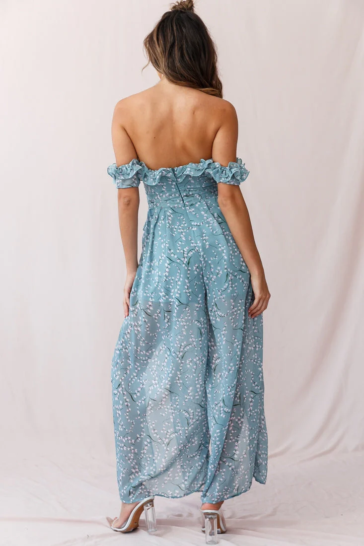 Jazz Bardot Neckline Wide Leg Split Jumpsuit Sage - Image 4