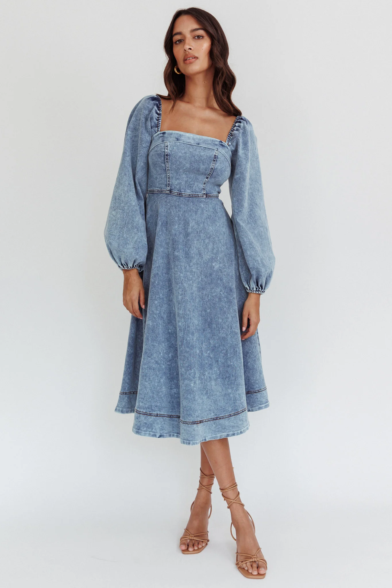Jeanie Long Sleeve Midi Dress Denim Blue - Image 3