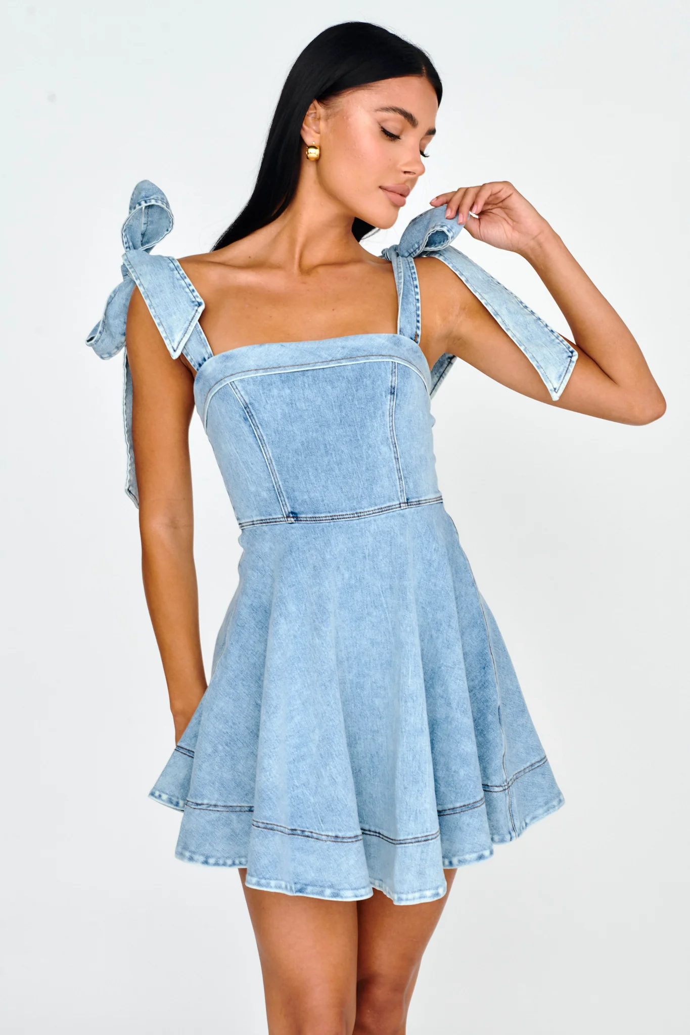 Jeanie Bow Shoulder Mini Dress Denim - Image 5