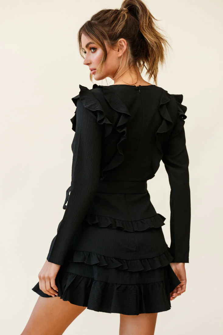 Jemirah Ruffle-Trimmed Long Sleeve Frill Dress Black - Image 3
