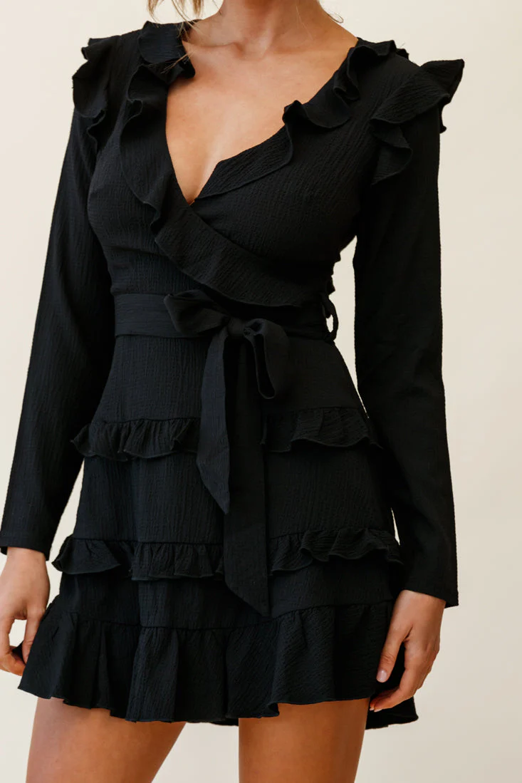 Jemirah Ruffle-Trimmed Long Sleeve Frill Dress Black - Image 4