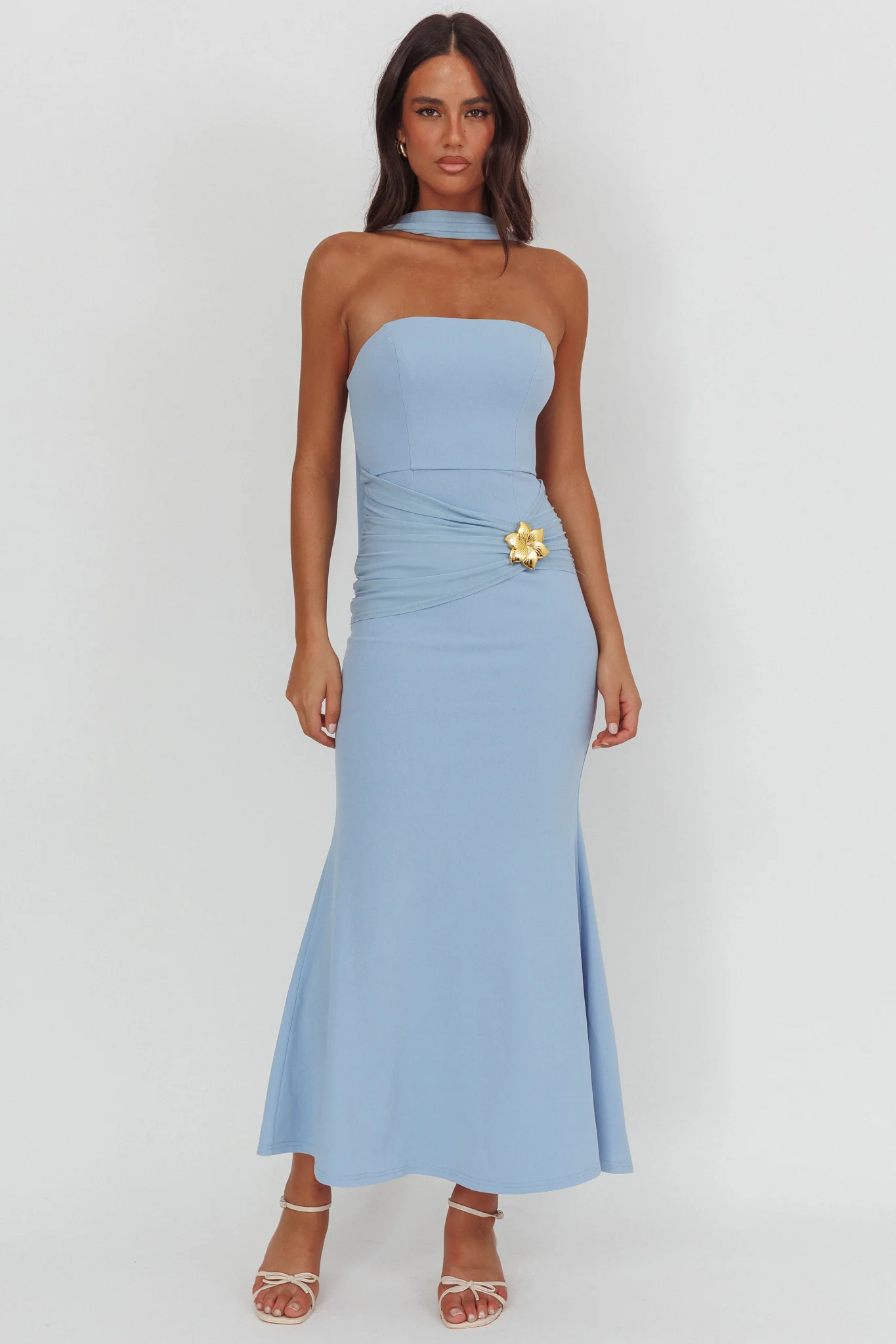 Jeramia Strapless Brooch Maxi Dress Blue
