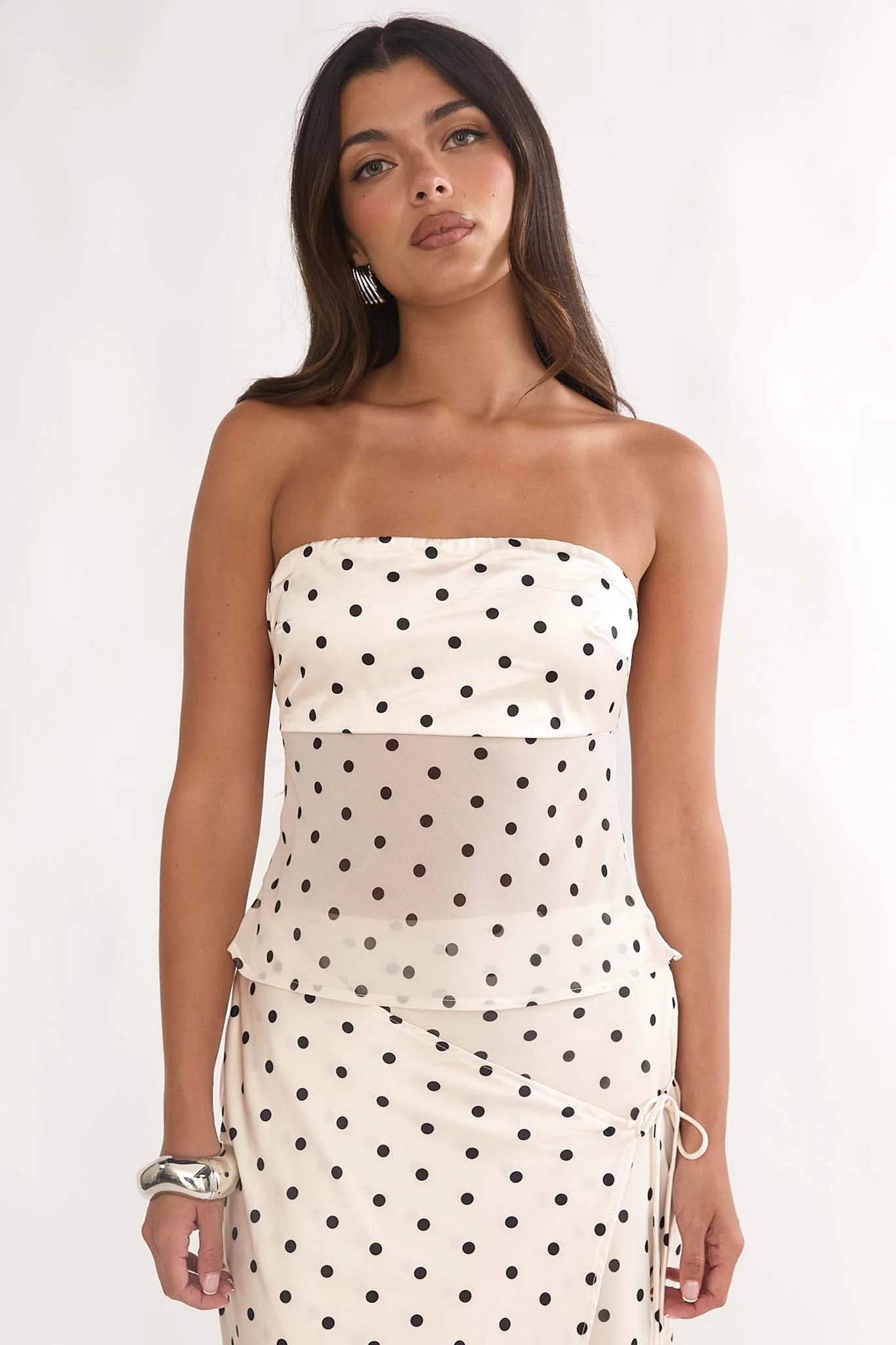 Jerica Strapless Sheer Waist Top Polka Dot Beige
