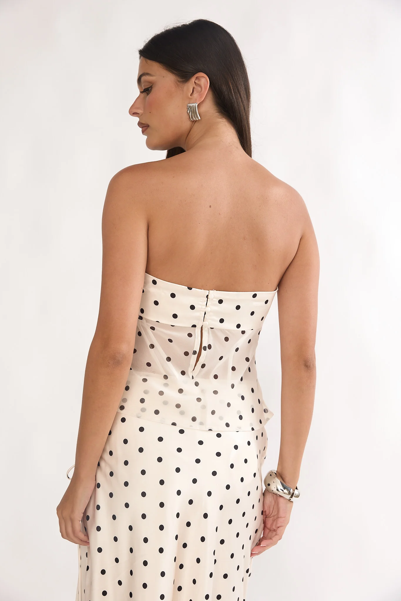 Jerica Strapless Sheer Waist Top Polka Dot Beige - Image 2