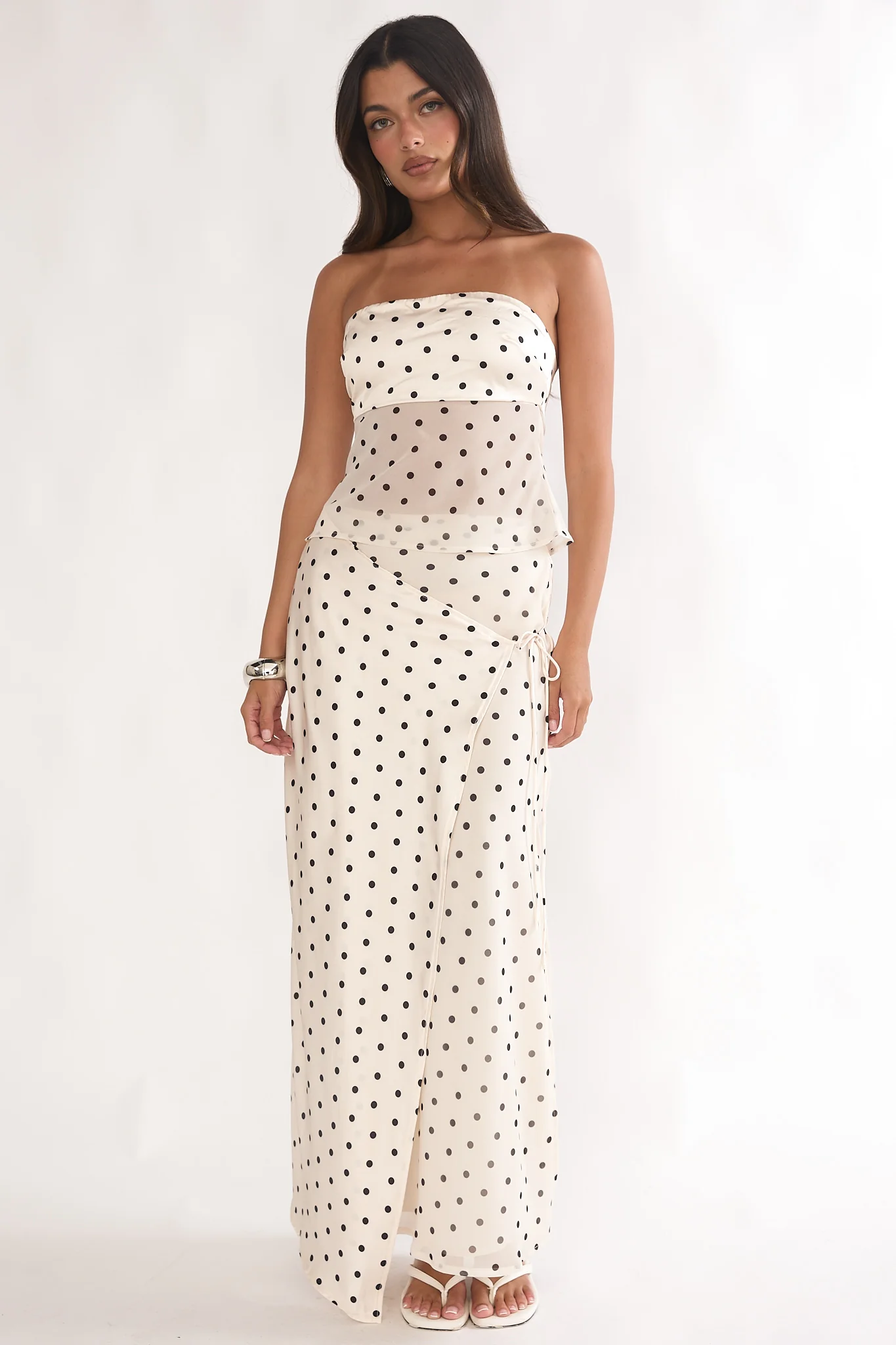 Jerica Strapless Sheer Waist Top Polka Dot Beige - Image 4