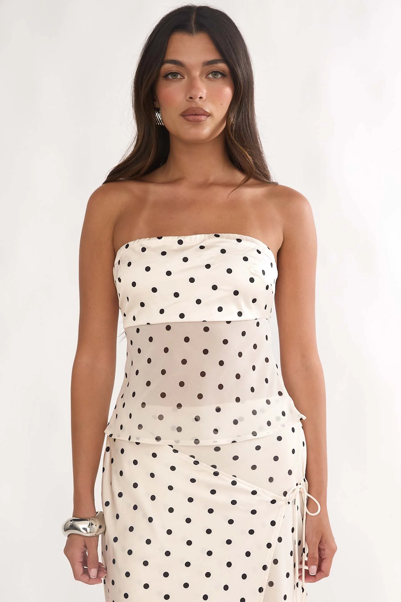 Jerica Strapless Sheer Waist Top Polka Dot Beige - Image 5