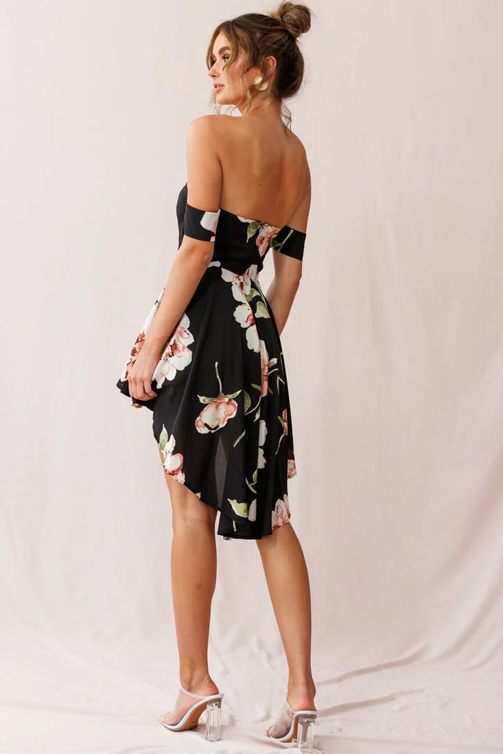 Jessa Off the Shoulder High Low Floral Romper Black - Image 3