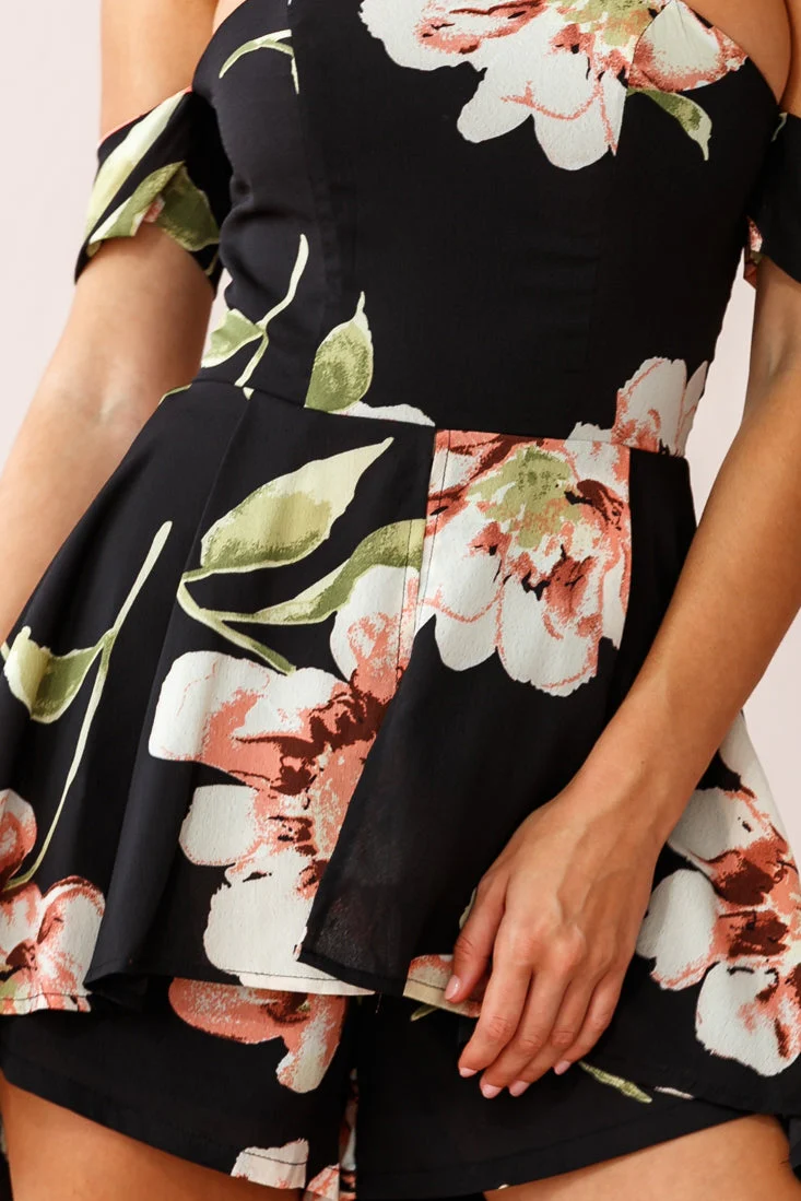 Jessa Off the Shoulder High Low Floral Romper Black - Image 4
