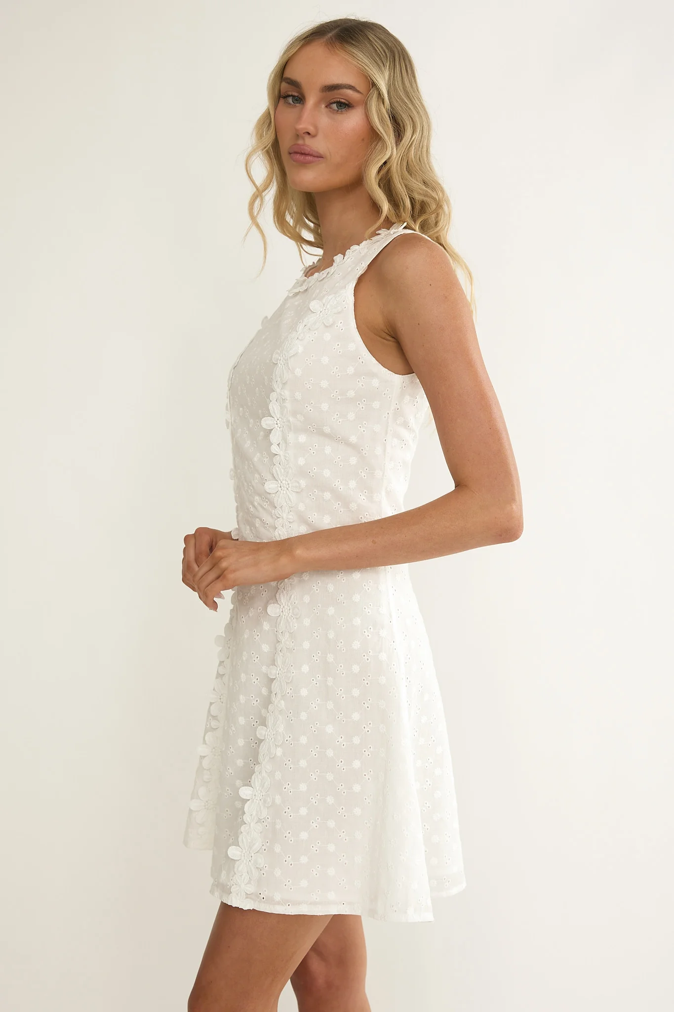 Jessamine Floral Applique Eyelet Mini Dress Off White - Image 5