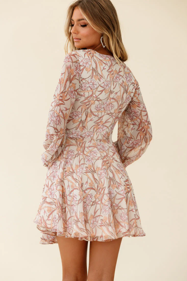 Jessinta Long Sleeve Pintuck Waist Dress Floral Print Nude - Image 3