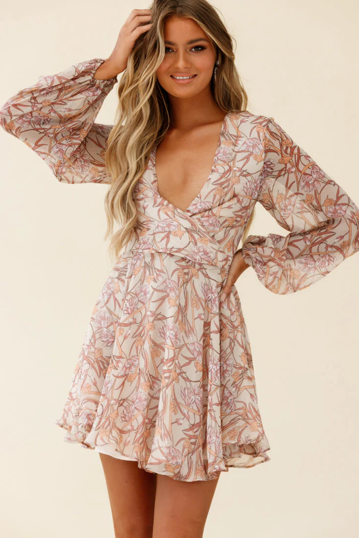 Jessinta Long Sleeve Pintuck Waist Dress Floral Print Nude - Image 4