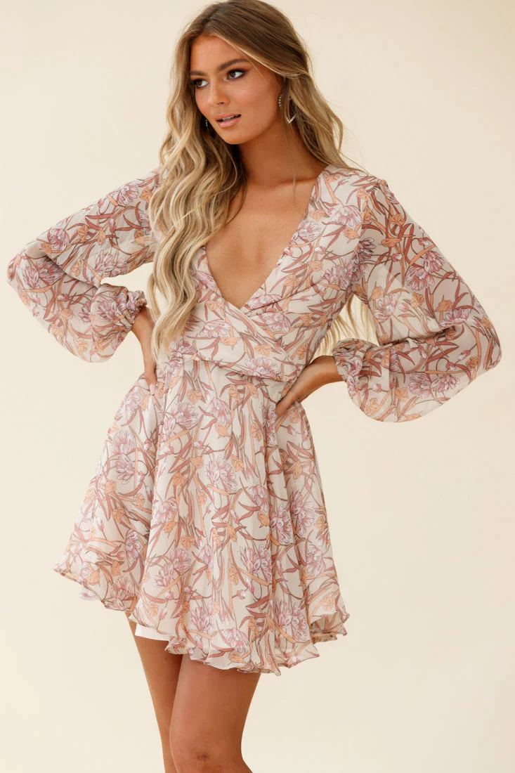 Jessinta Long Sleeve Pintuck Waist Dress Floral Print Nude - Image 5