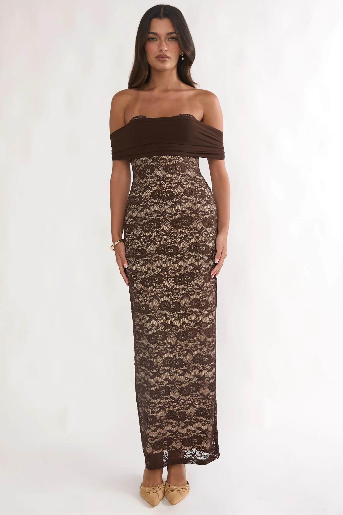 Jewelene Off-Shoulder Maxi Dress Lace Chocolate - Image 4