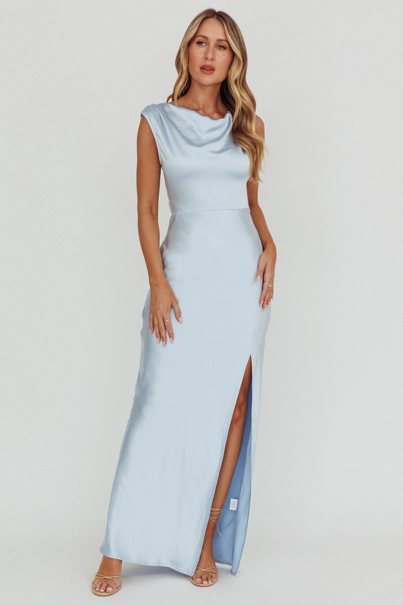 Jinora Cowl Neck Leg Slit Satin Maxi Dress Blue - Image 4