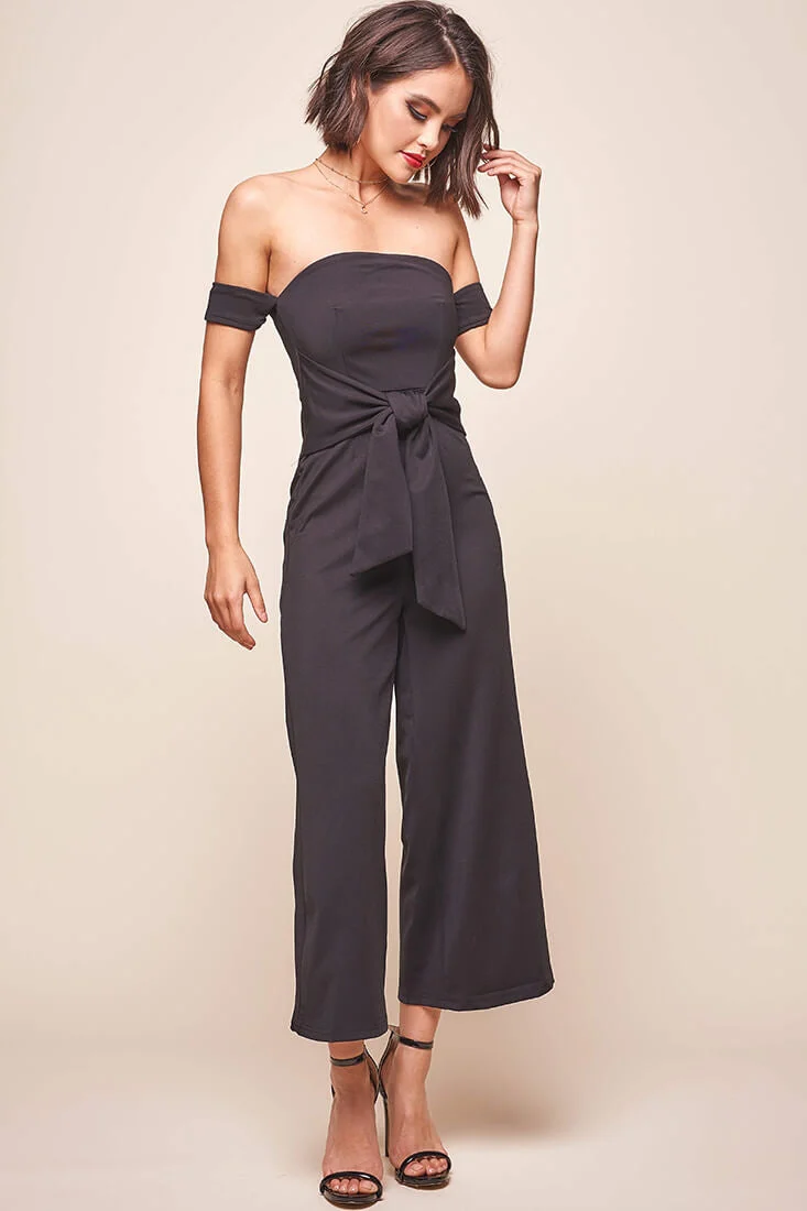 Joan Off Shoulder Waist Tie Wide Leg Jumpsuit Black - Image 2