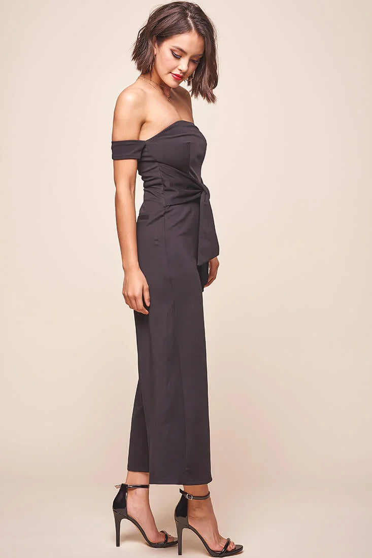 Joan Off Shoulder Waist Tie Wide Leg Jumpsuit Black - Image 3