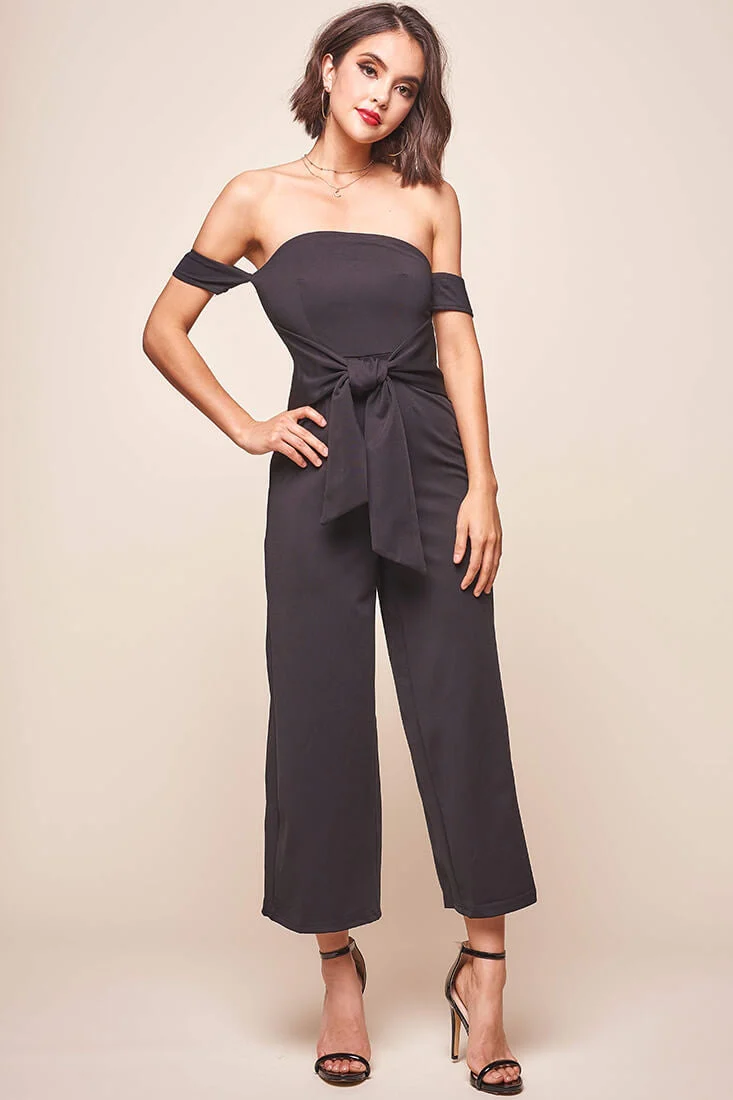 Joan Off Shoulder Waist Tie Wide Leg Jumpsuit Black - Image 6