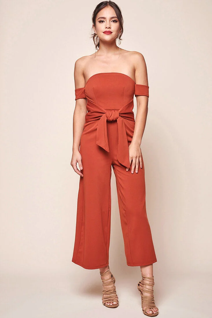 Joan Off the Shoulder Waist Tie Wide Leg Jumpsuit Rust - Image 2