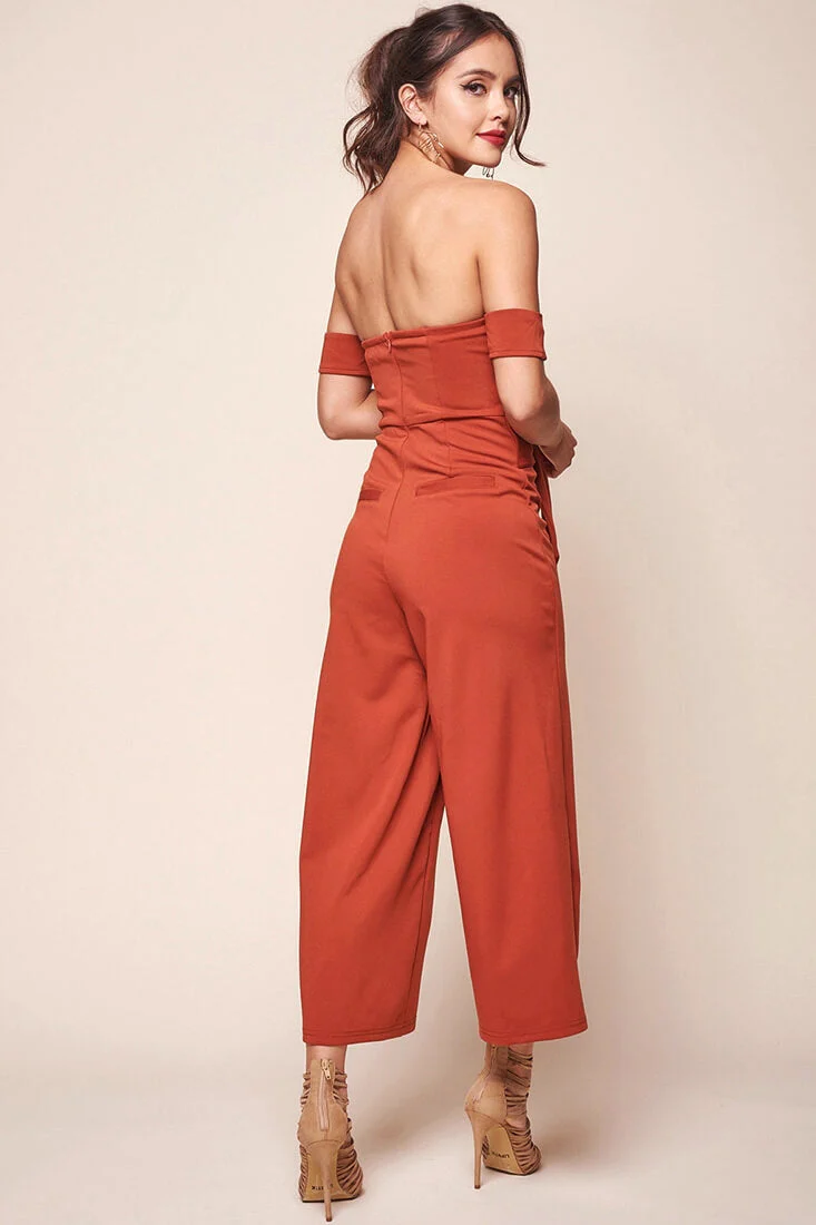 Joan Off the Shoulder Waist Tie Wide Leg Jumpsuit Rust - Image 4