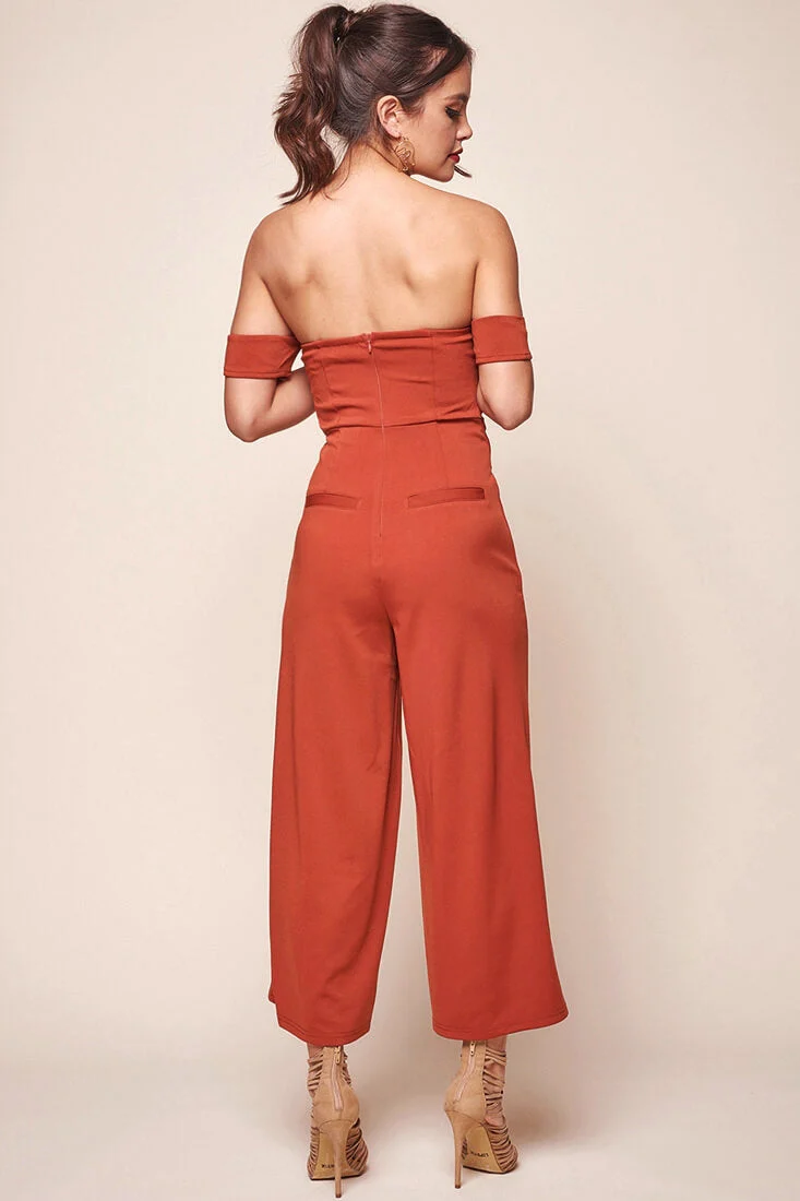 Joan Off the Shoulder Waist Tie Wide Leg Jumpsuit Rust - Image 5