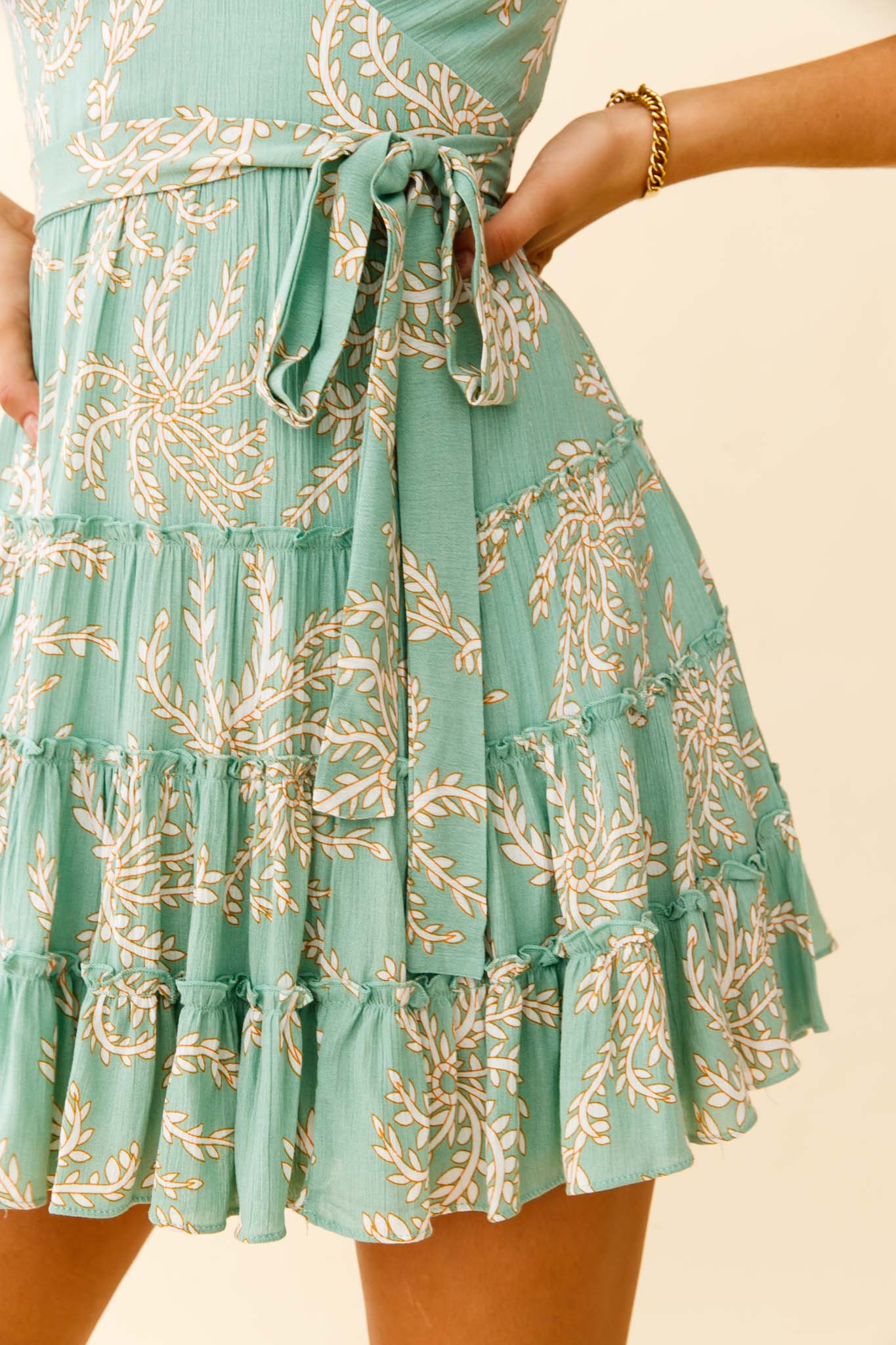 Jocelyn Cami Strap Waist Tie Ruffle Dress Leaf Print Green - Image 4