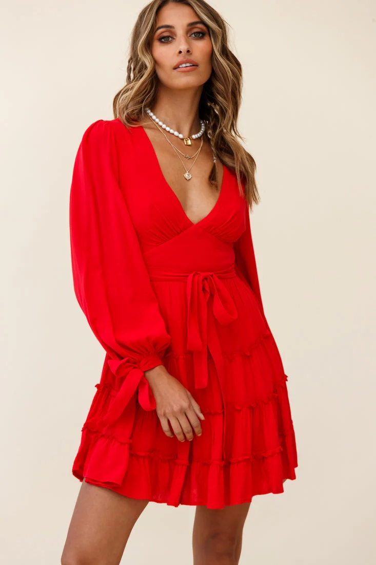 Jocelyn Long Sleeve Tied Cuff Frill Dress Red - Image 5