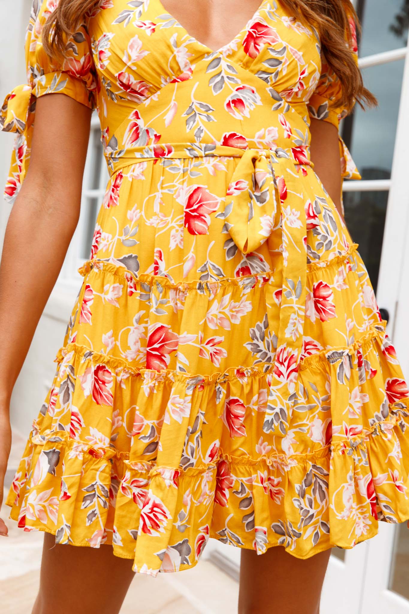 Jocelyn Short Sleeve Tied Cuff Layered Ruffle Dress Floral Print Mustard - Image 4