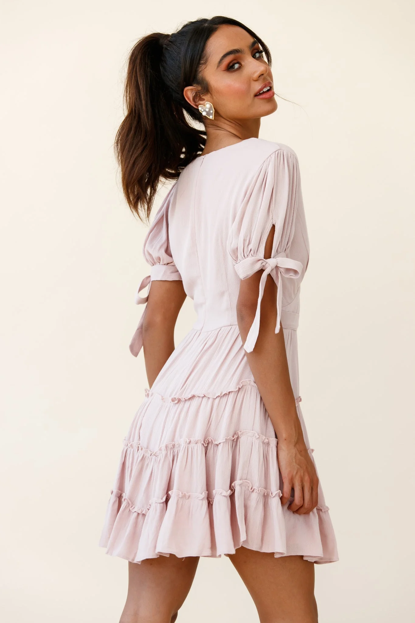 Jocelyn Short Sleeve Tied Cuff Layered Ruffle Dress Nude - Image 3