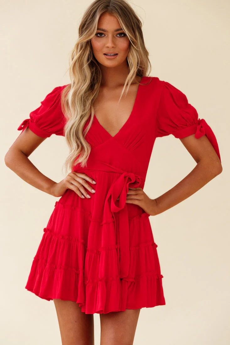 Jocelyn Short Sleeve Tied Cuff Layered Ruffle Dress Red - Image 6