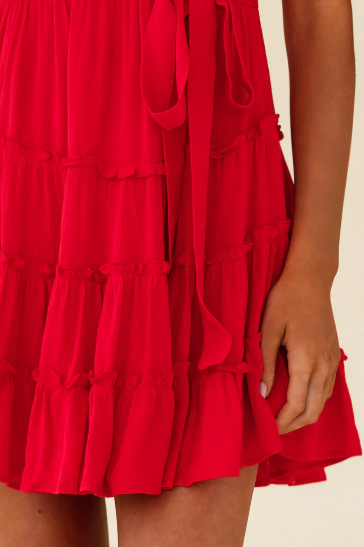 Jocelyn Short Sleeve Tied Cuff Layered Ruffle Dress Red - Image 7