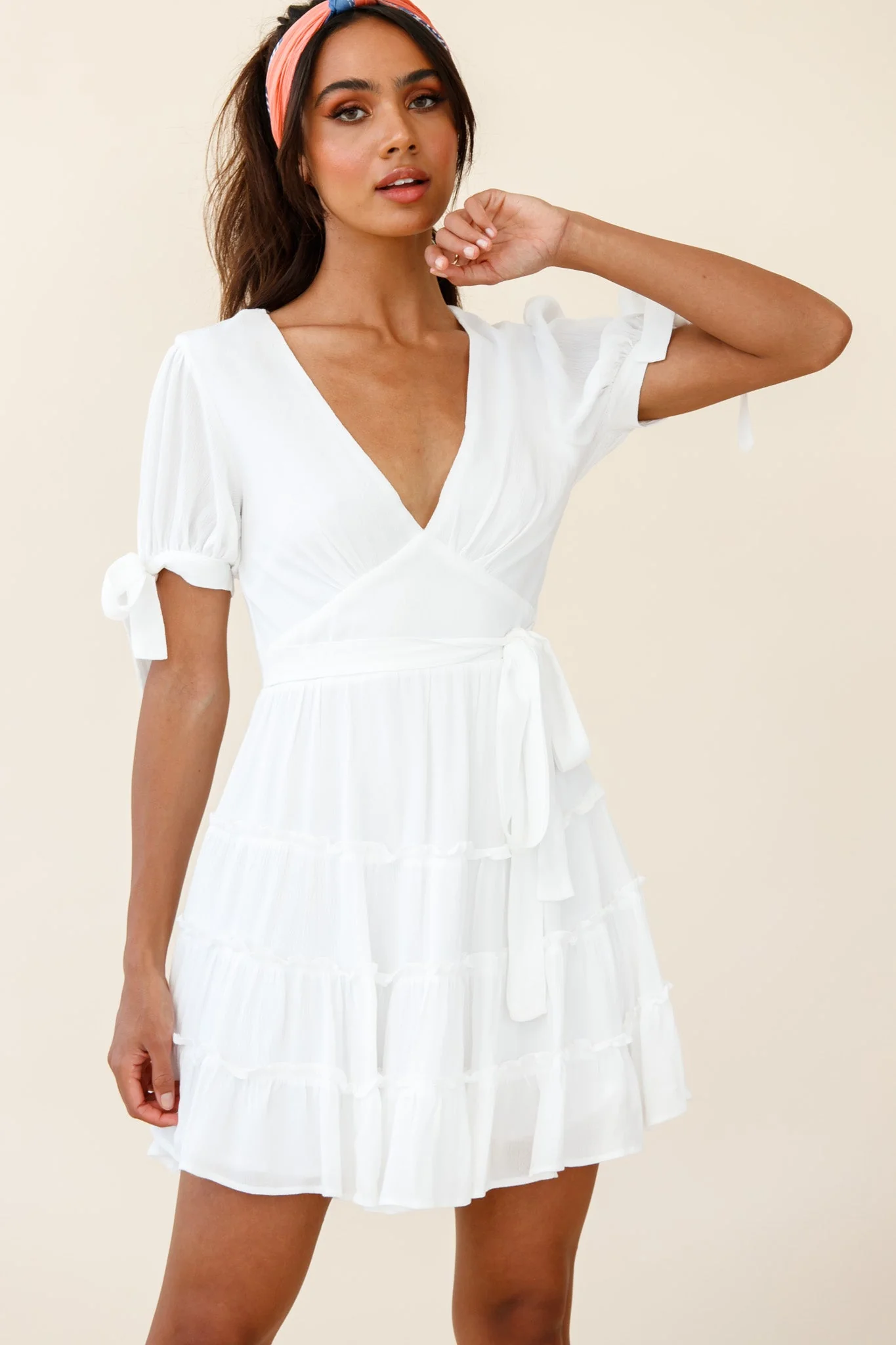 Jocelyn Short Sleeve Tied Cuff Layered Ruffle Dress White - Image 6