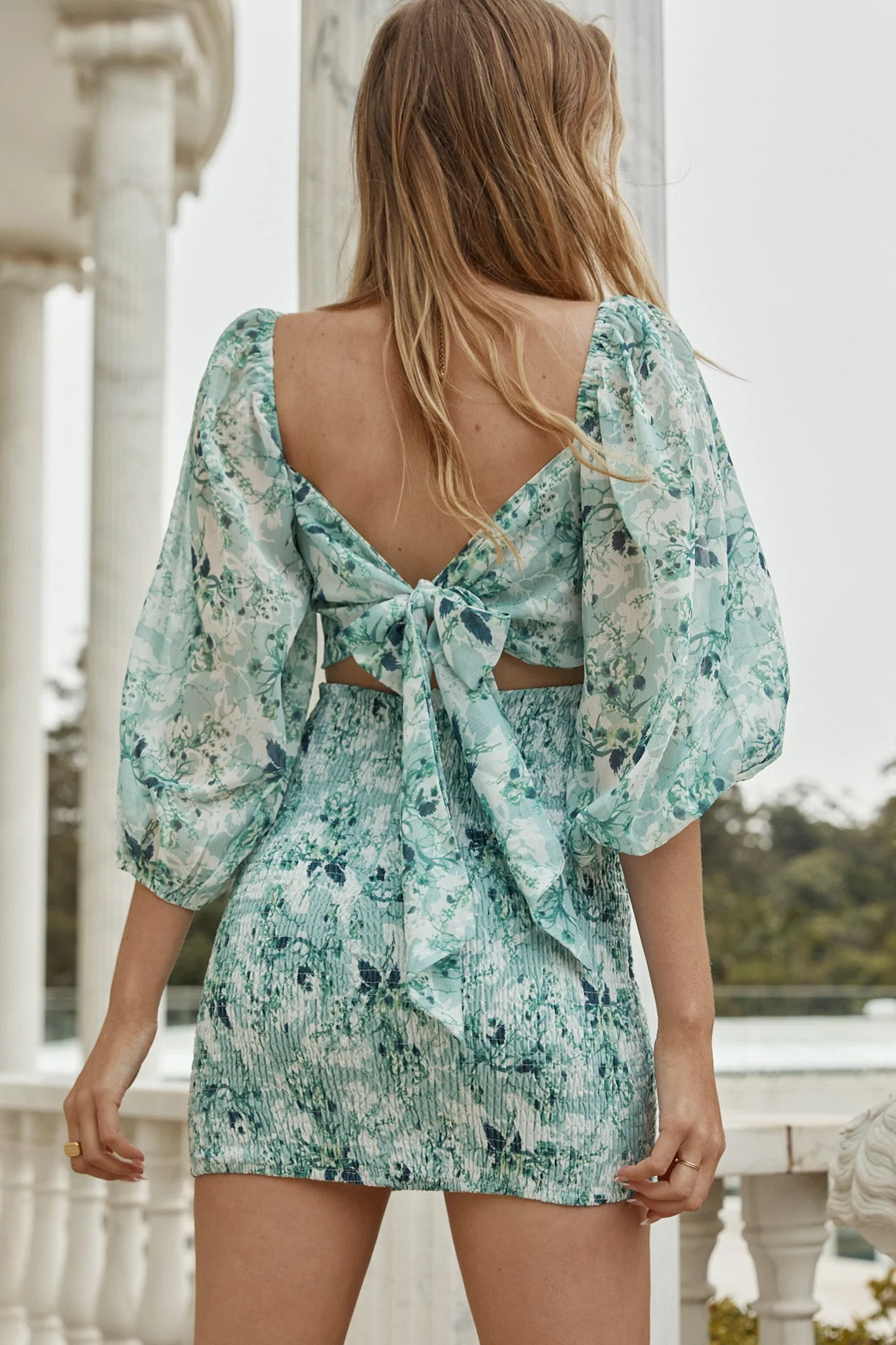 Joie Puff Sleeve Shirred Dress Floral Print Green - Image 2