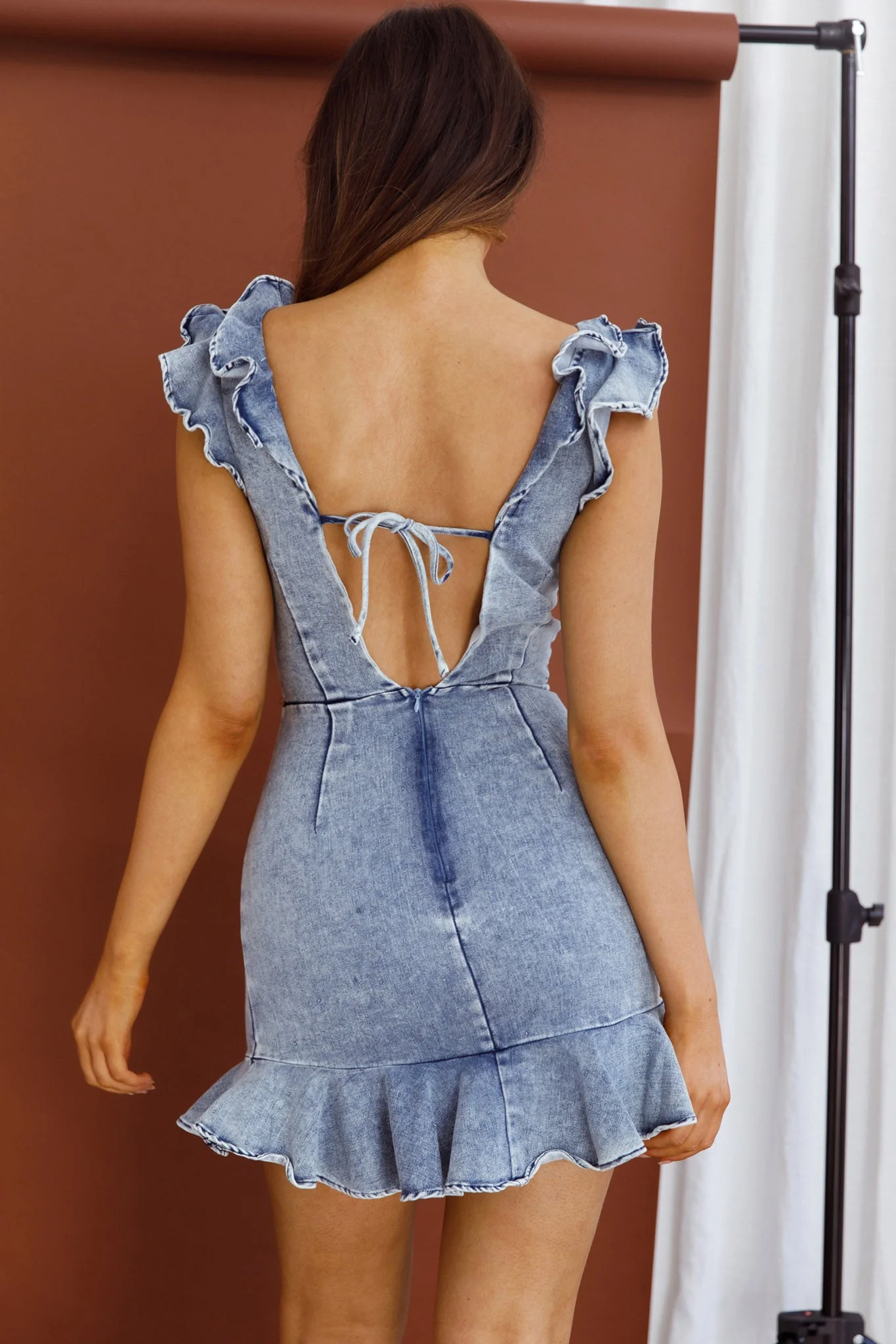 Jojo Ruffle Shoulder Low Back Dress Denim - Image 2