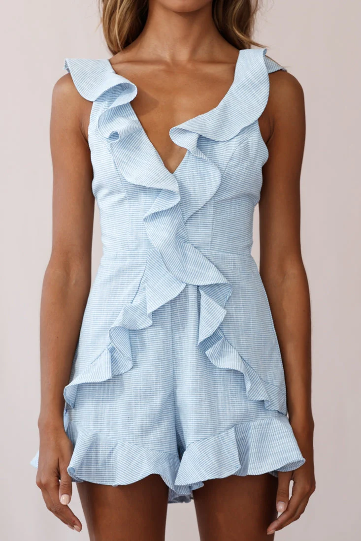 Jojo Thin Stripe Ruffle Strap Romper Blue - Image 5