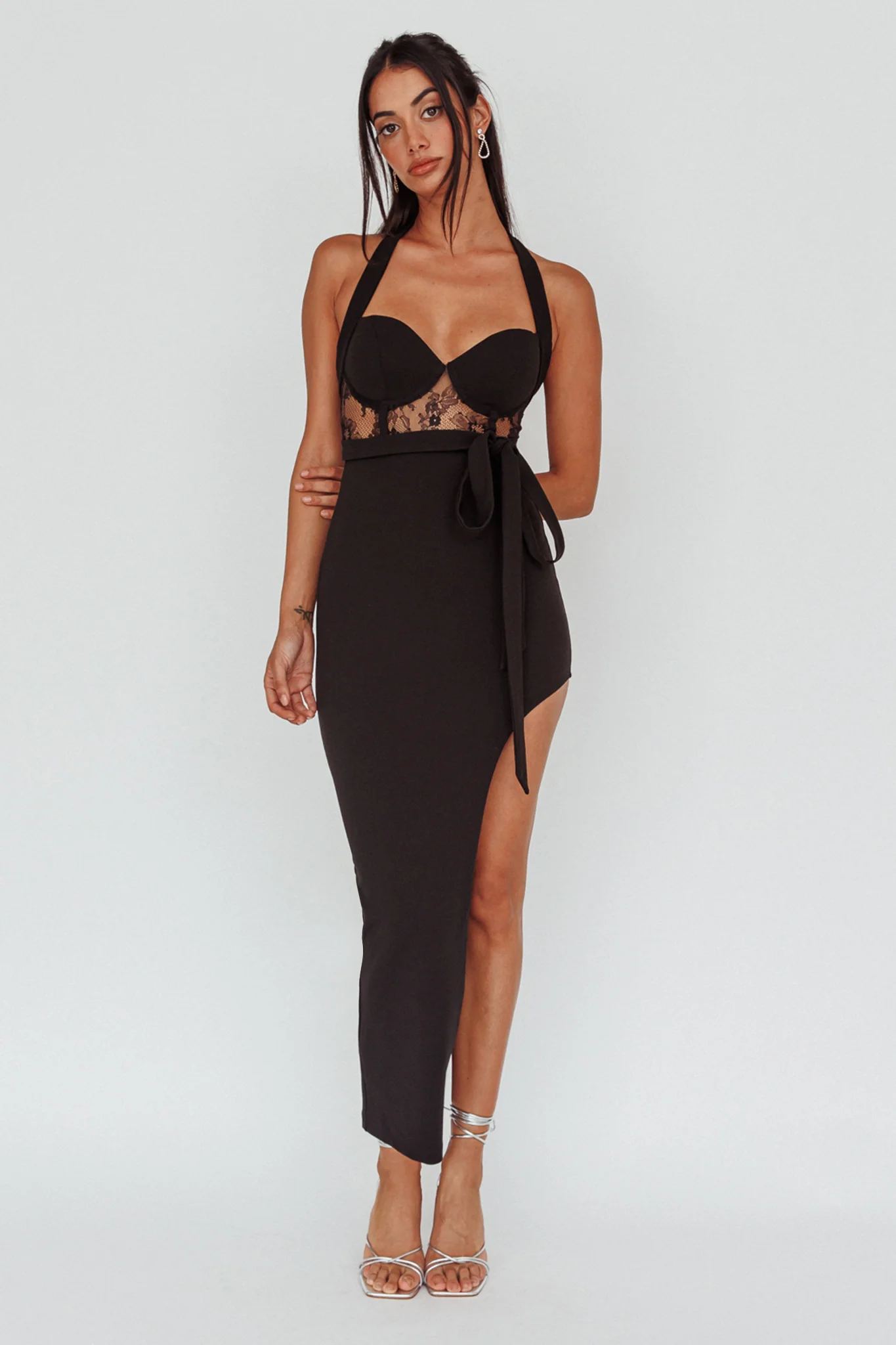 Jonetta Lace Insert Halterneck Midi Dress Black - Image 3