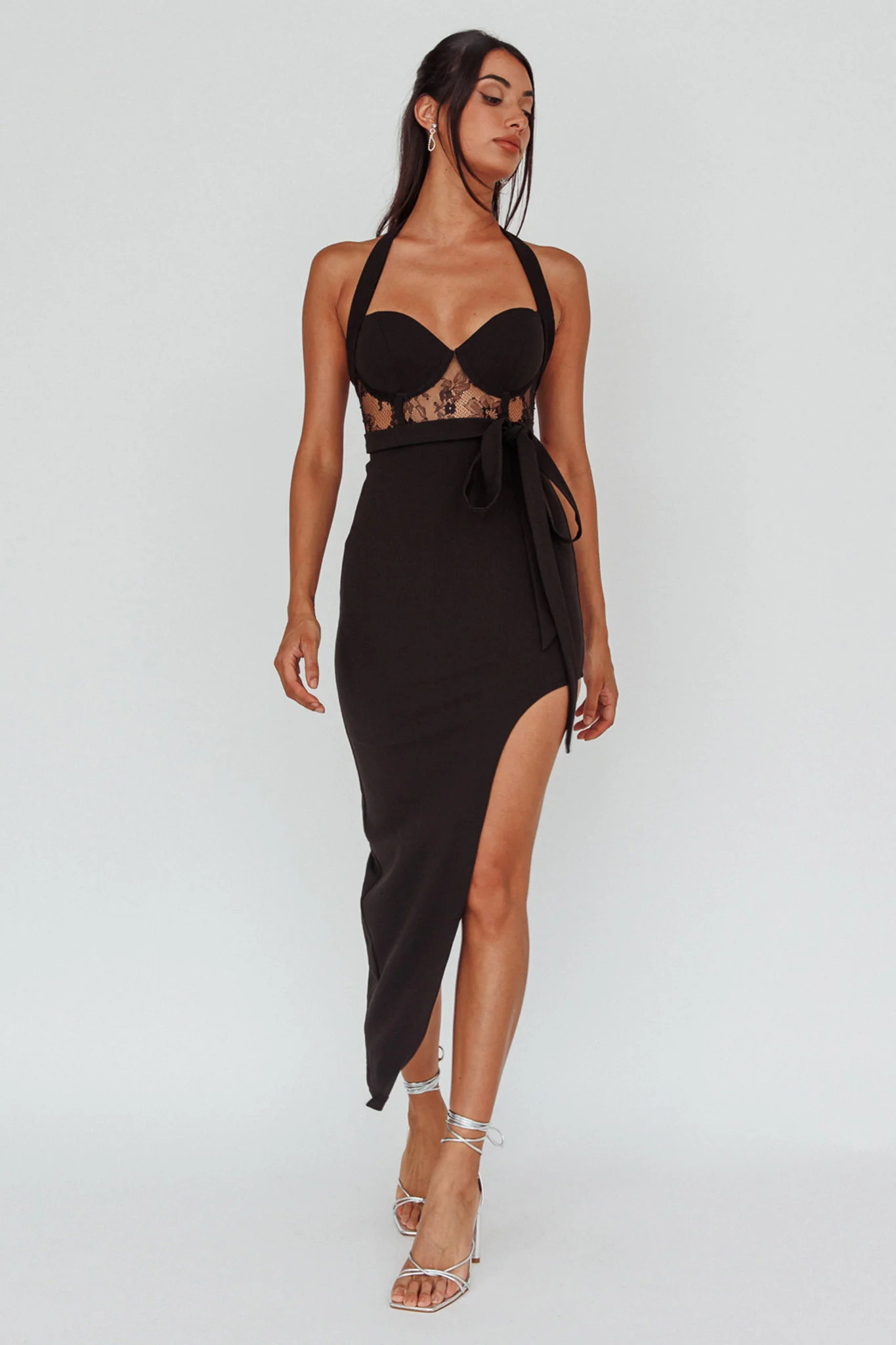 Jonetta Lace Insert Halterneck Midi Dress Black - Image 5