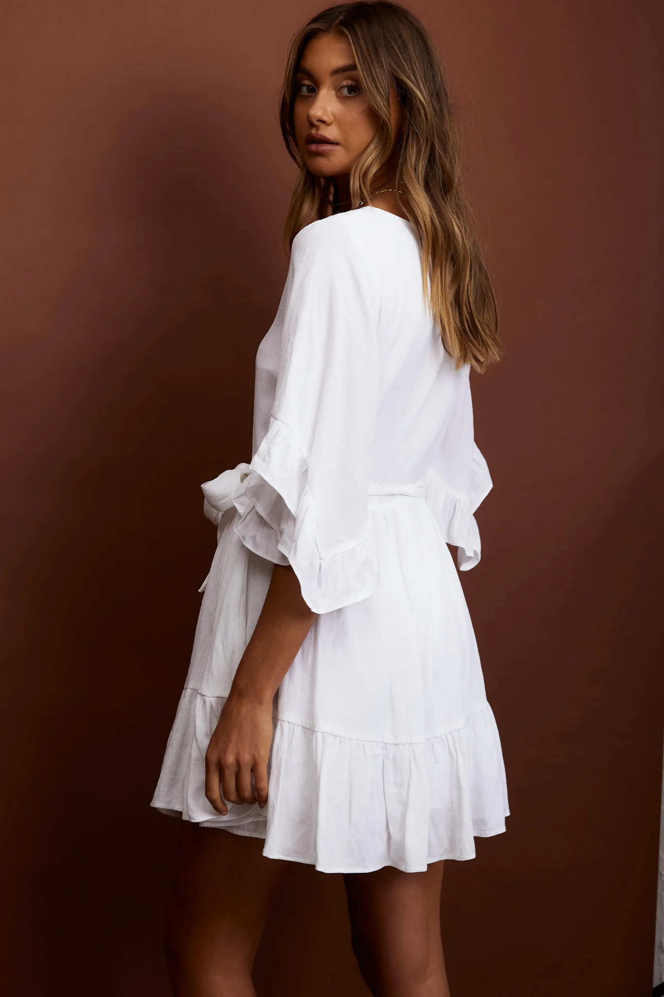 Joni Batwing Sleeve Waist Tie Dress Ruffle White - Image 2