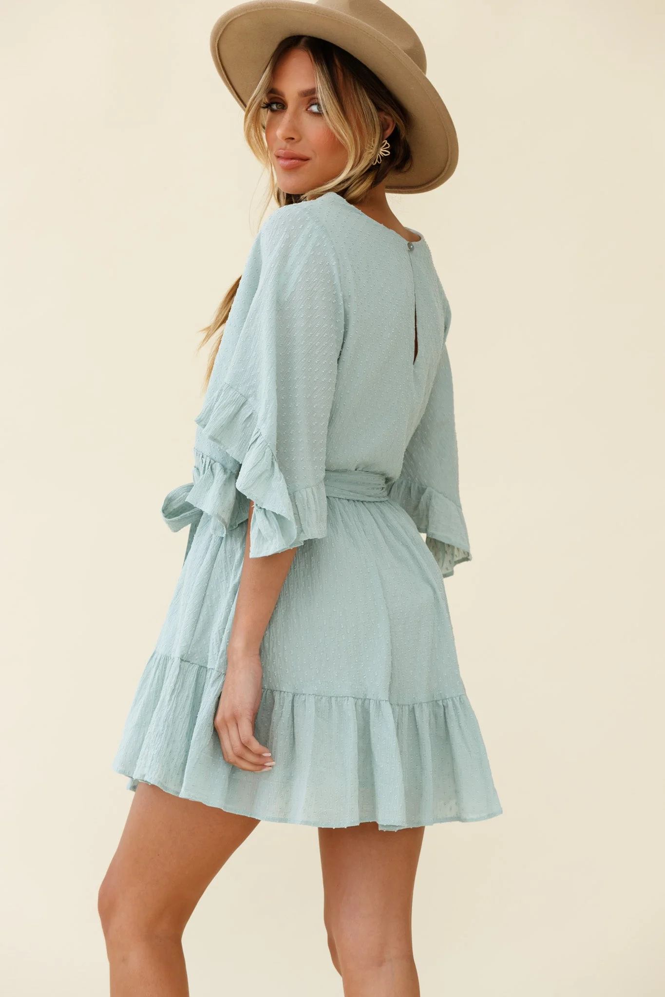 Joni Batwing Sleeve Waist Tie Dress Sage - Image 3