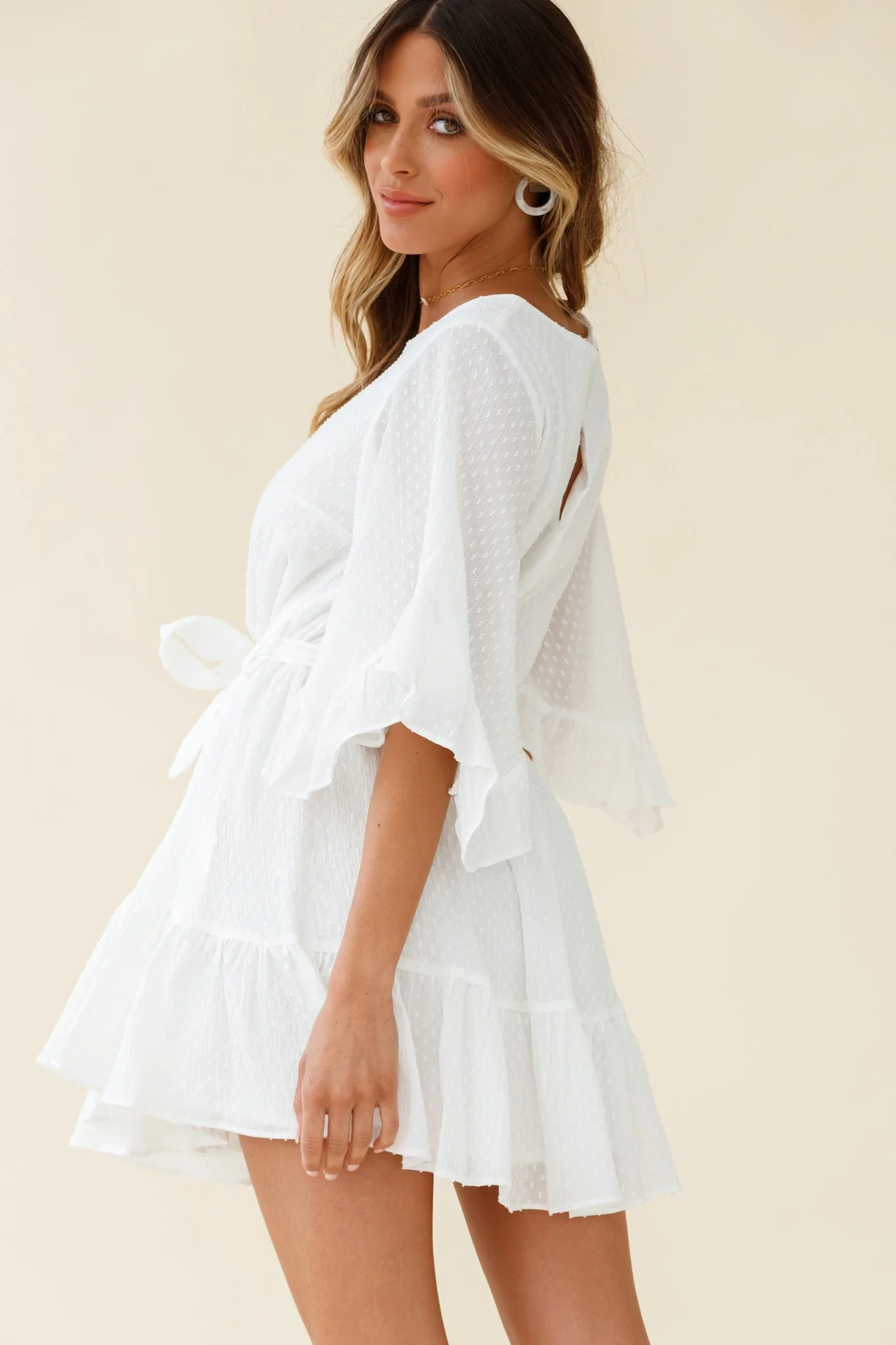 Joni Batwing Sleeve Waist Tie Dress White - Image 3