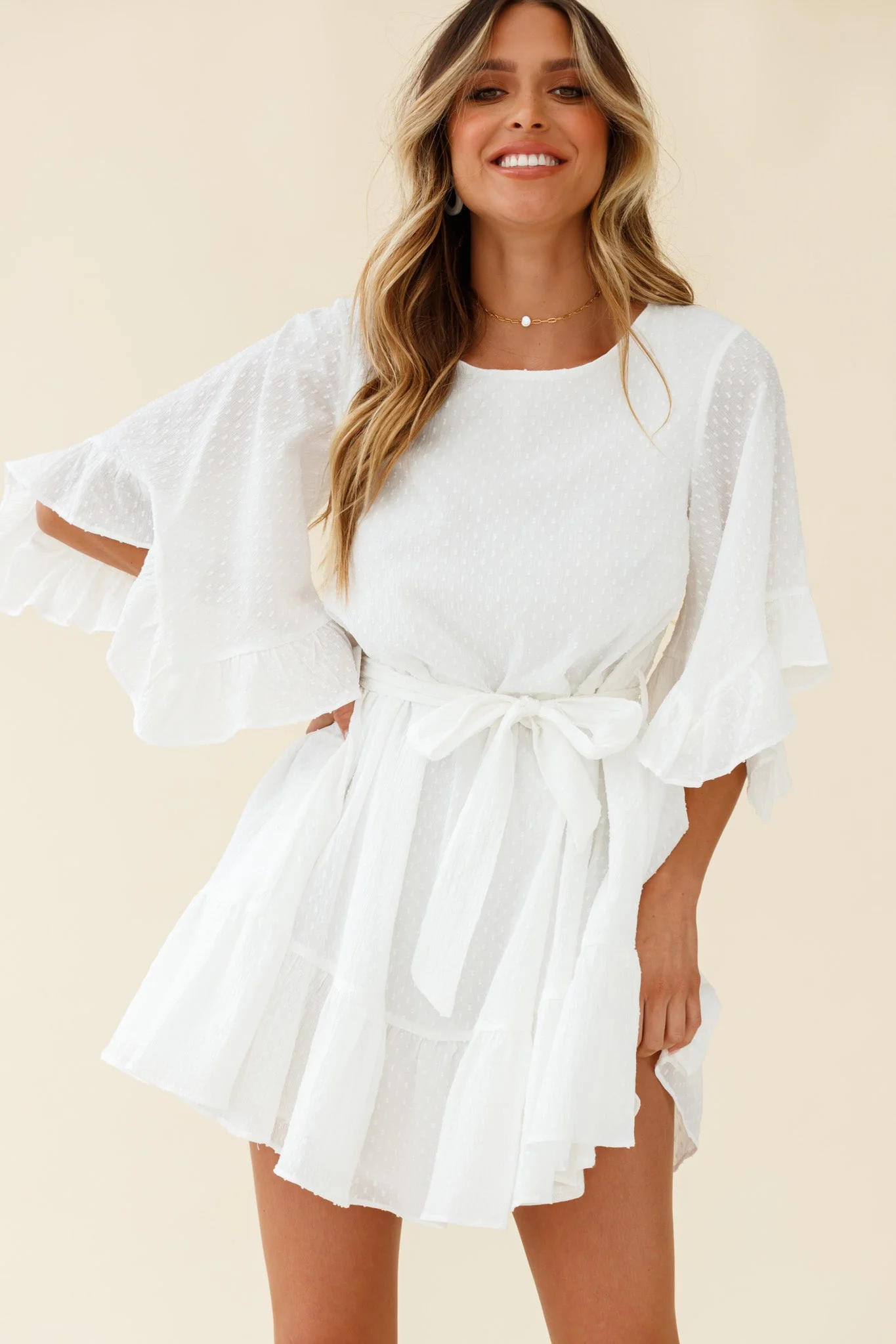 Joni Batwing Sleeve Waist Tie Dress White - Image 5