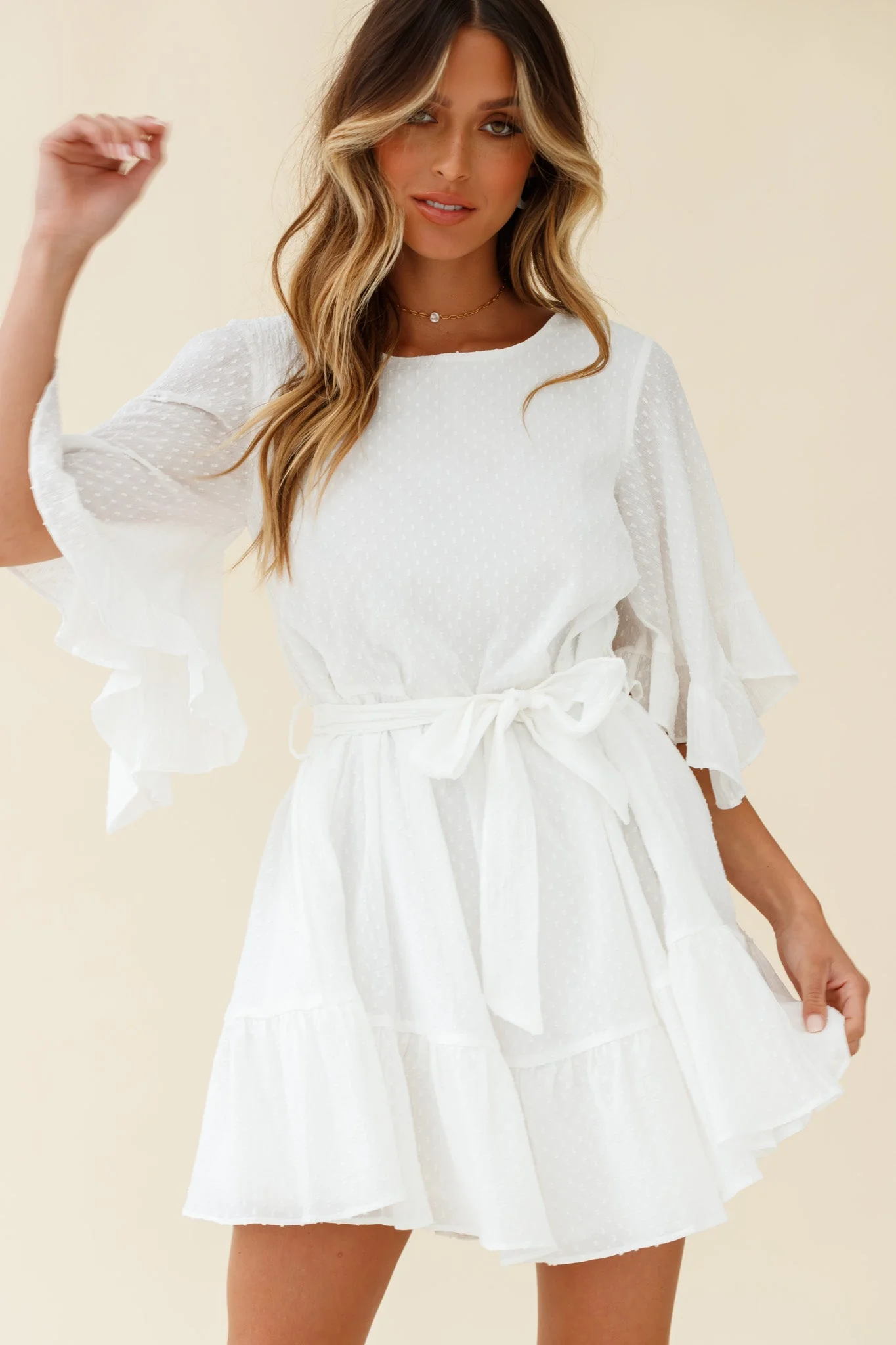 Joni Batwing Sleeve Waist Tie Dress White - Image 6